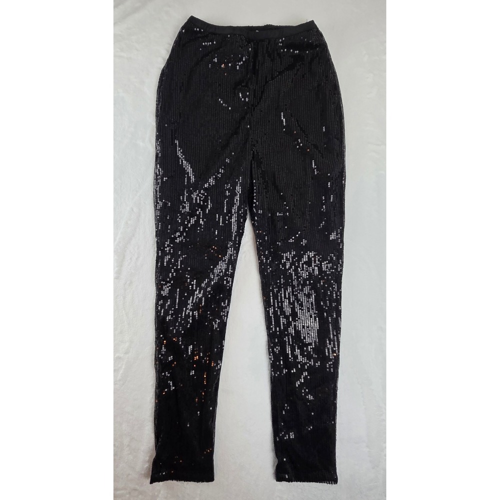 Women Black Sequin Leggings High Waisted Party Pants Size Medium